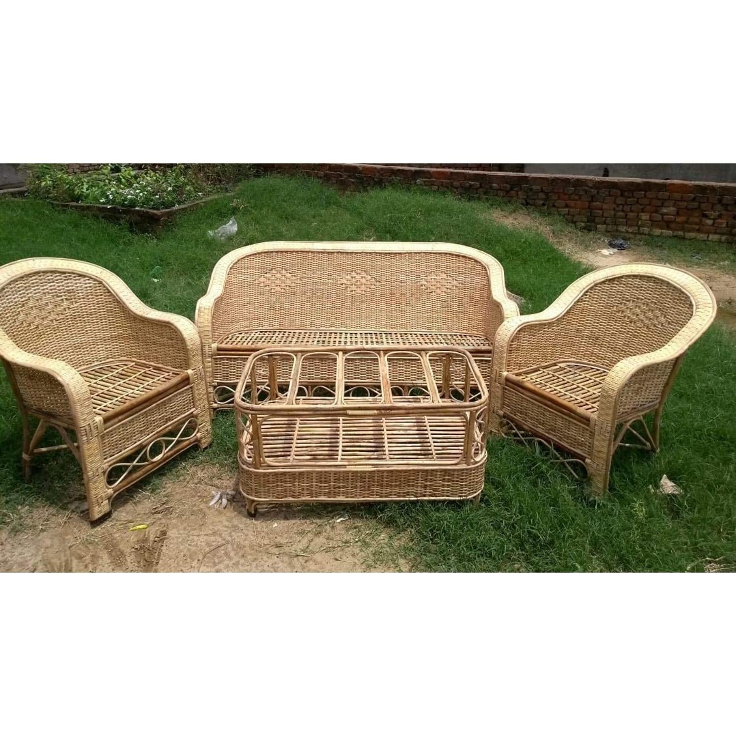 Cane Rattan Bamboo 5 Seater Designer Bunai Sofa Set with table For Home, Office and Garden