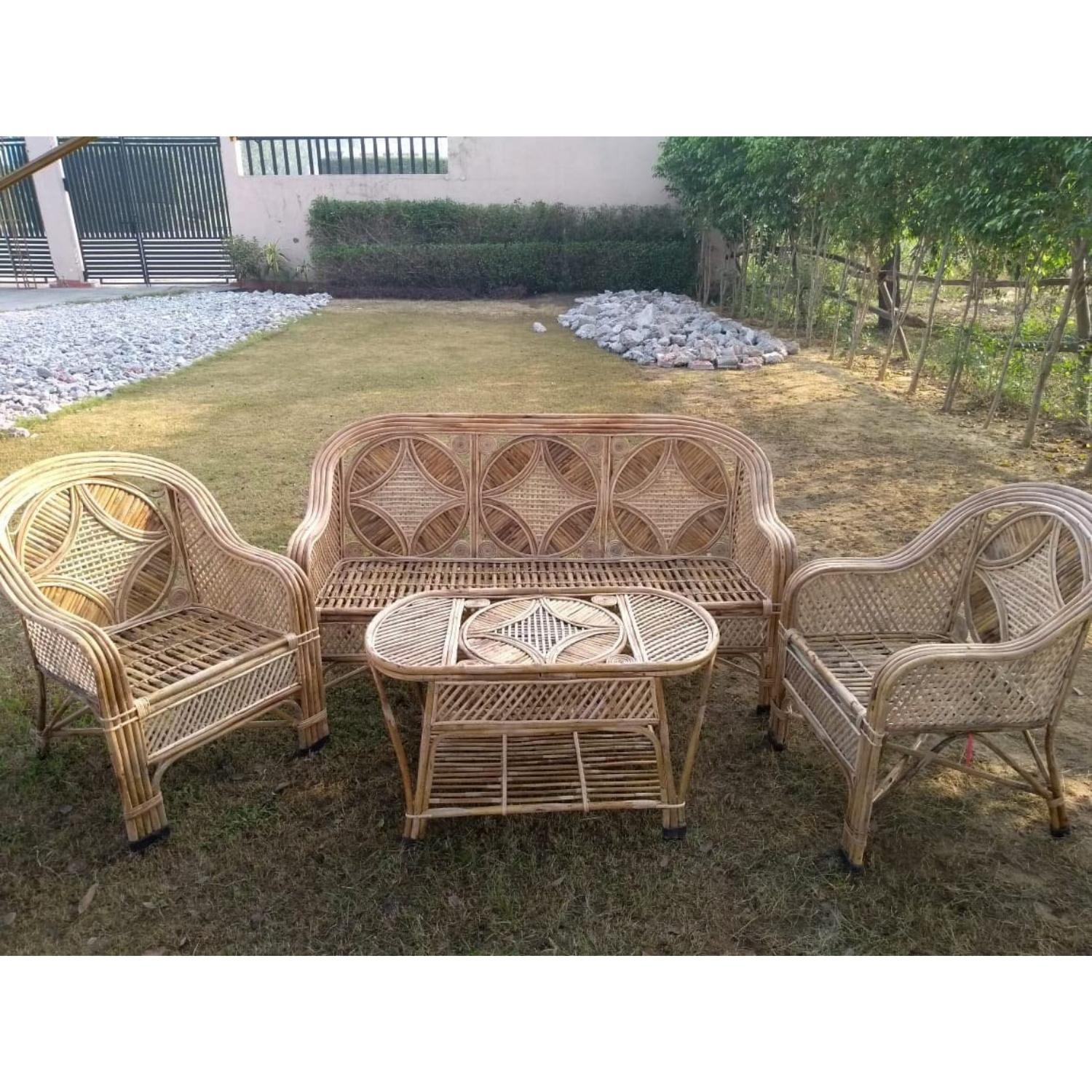 Cane Rattan Bamboo 5 Seater Designer Star Sofa Set with table For Home, Office and Garden