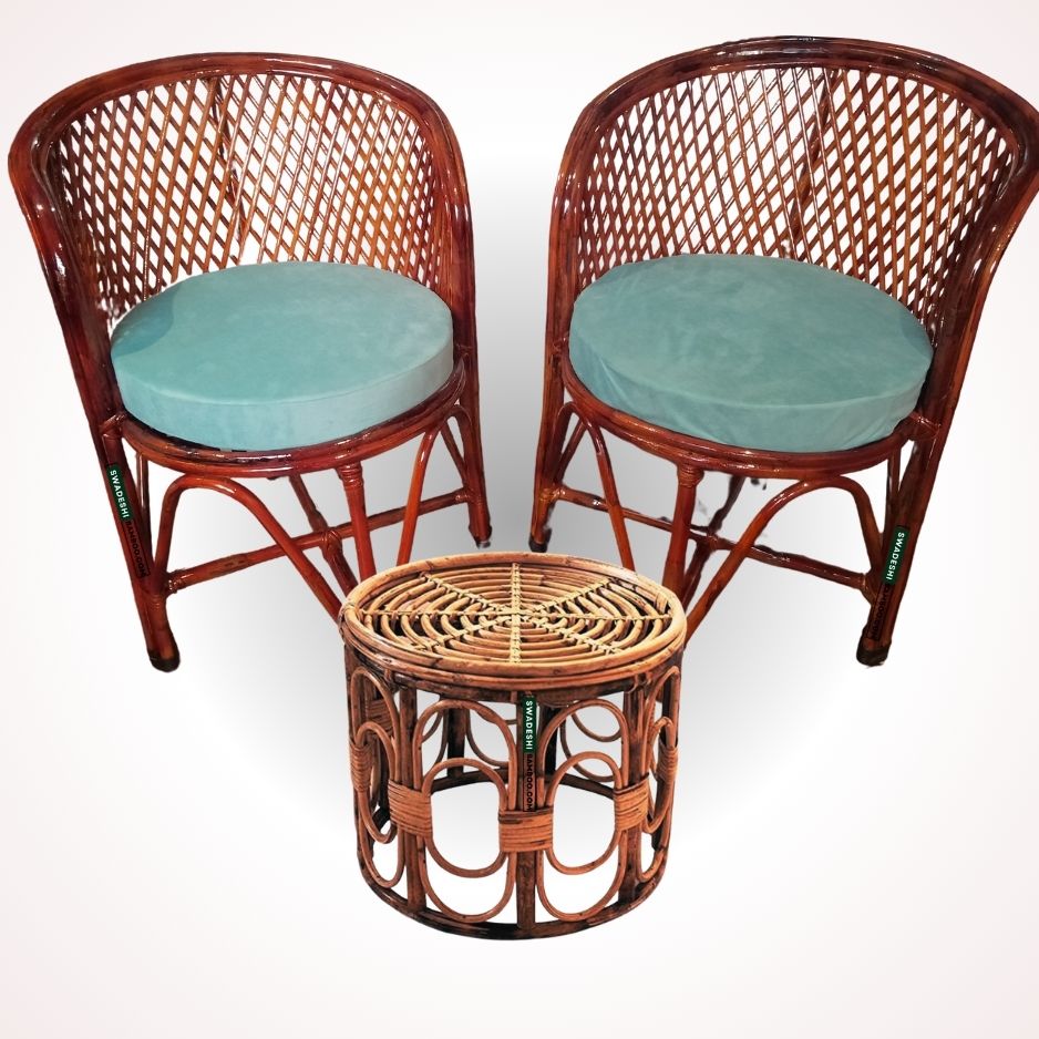 Swadeshi Bamboo Cane Rattan Arm Jali  Chair for Home, Office, Garden & Balcony (Set of 2 chair with table)