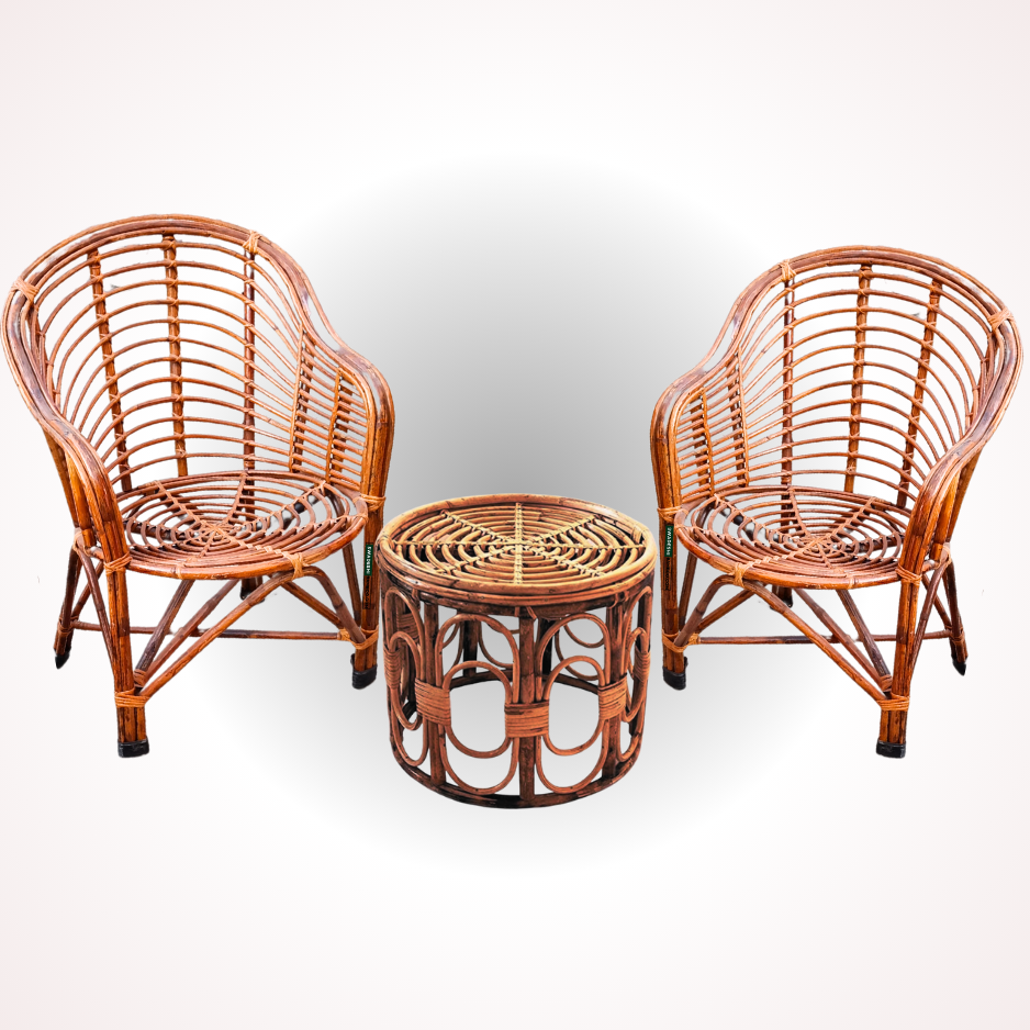 Swadeshi Bamboo Cane Rattan Arm Designer Heena Chair for Home, Office, Restaurant, Hotel, Garden & Balcony (Set of 2 chair with table)