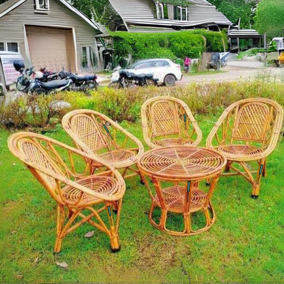 Swadeshi Bamboo Cane Rattan arm Designer Chair for Home, Office, Restaurant, Hotel, Garden & Balcony (Set of 4 chair with table)