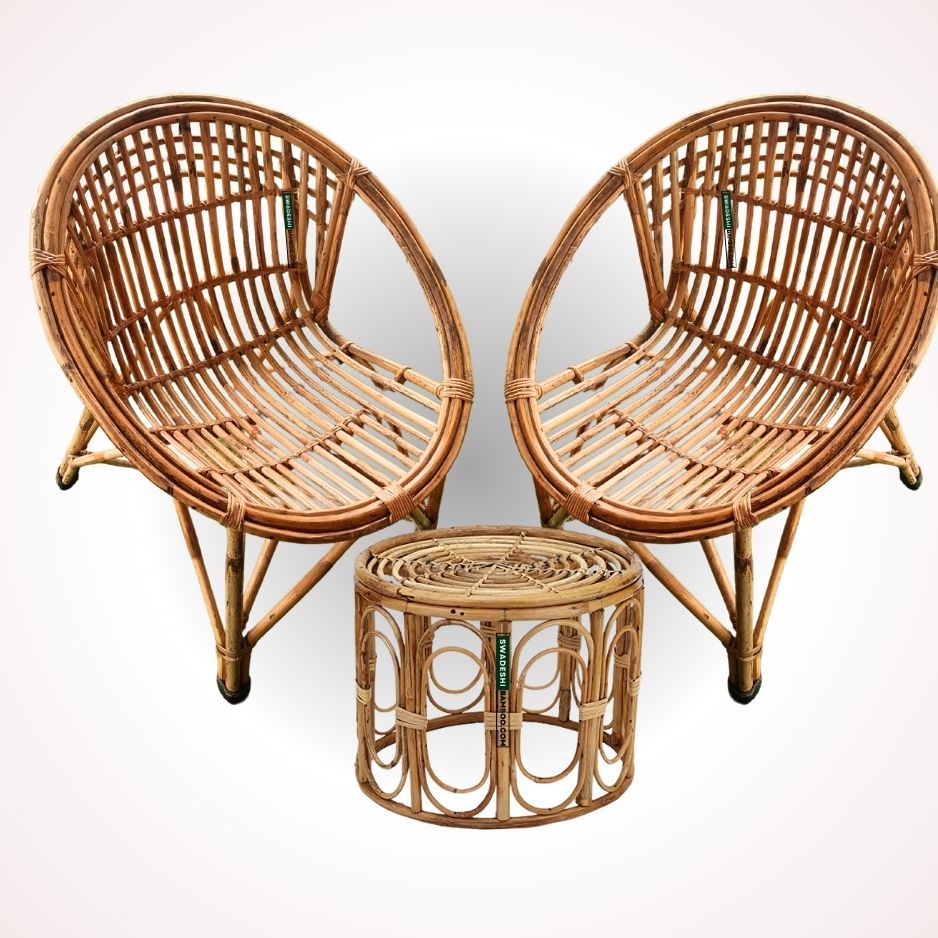 Swadeshi Bamboo Cane Rattan Circle Designer Chair for Home, Office, Restaurant, Hotel, Garden and Balcony (Set of 2 chair with table)