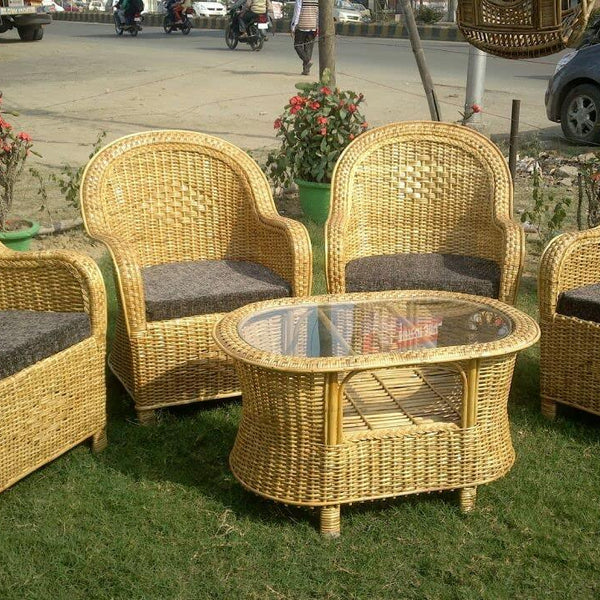 Bamboo Cane Sofa Chair for Home, Office, Garden & Balcony (Set of 4 Chair with cushion & table) - swadeshibamboo