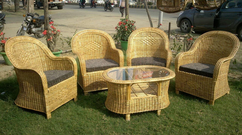 Bamboo Cane Sofa Chair for Home, Office, Garden & Balcony (Set of 4 Chair with cushion & table) - swadeshibamboo