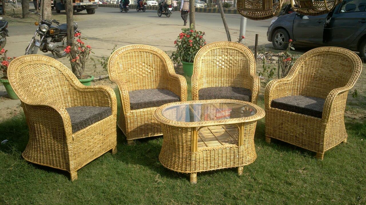 Bamboo Cane Sofa Chair for Home, Office, Garden & Balcony (Set of 4 Chair with cushion & table)