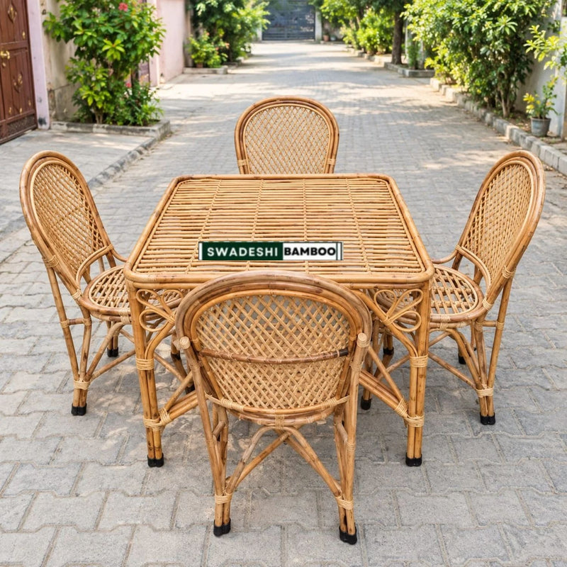 Elegant Bamboo Cane Dining Set – 4 Chairs + 1 Table for Natural Living I Bamboo Cane 4 Seater Dining Table Set