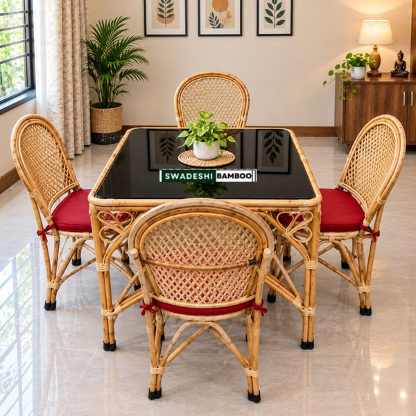 Elegant Bamboo Cane Dining Set – 4 Chairs + 1 Table for Natural Living I Bamboo Cane 4 Seater Dining Table Set