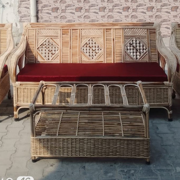 Bamboo Cane Sofa Set with Table – Perfect for Home, Office, Living Room, Balcony, Garden