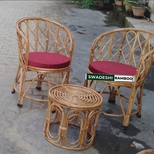 Swadeshi Bamboo Cane Rattan Arm Backmuda Chair for Home, Office, Restaurant, Hotel, Garden & Balcony (Set of 2 chair with table)