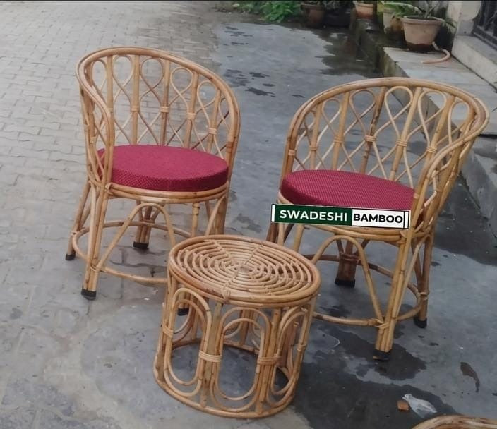Swadeshi Bamboo Cane Rattan Arm Backmuda Chair for Home, Office, Restaurant, Hotel, Garden & Balcony (Set of 2 chair with table)