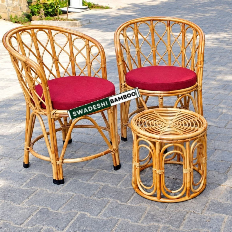 Swadeshi Bamboo Cane Rattan Arm Backmuda Chair for Home, Office, Restaurant, Hotel, Garden & Balcony (Set of 2 chair with table)
