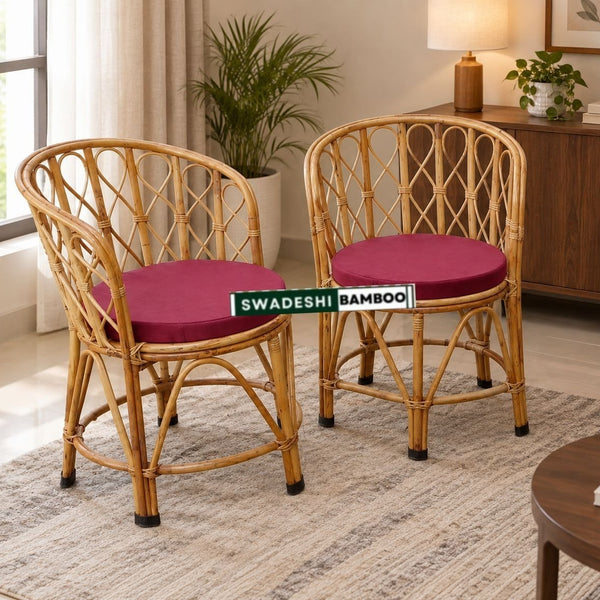 Bamboo Cane Rattan Arm Back mudda Chair(Set of 2) for Restaurant, Hotel, Garden