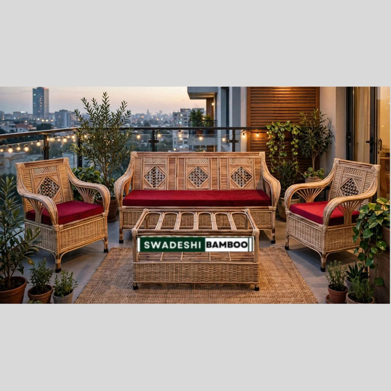 Bamboo Cane Sofa Set with Table – Perfect for Home, Office, Living Room, Balcony, Garden