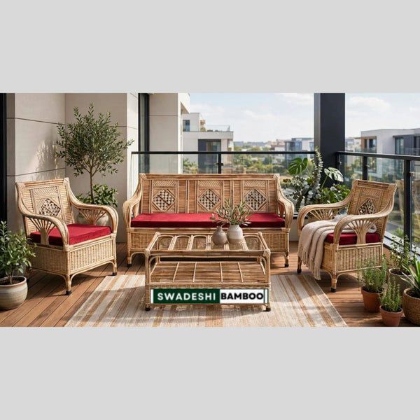 Bamboo Cane Sofa Set with Table – Perfect for Home, Office, Living Room, Balcony, Garden