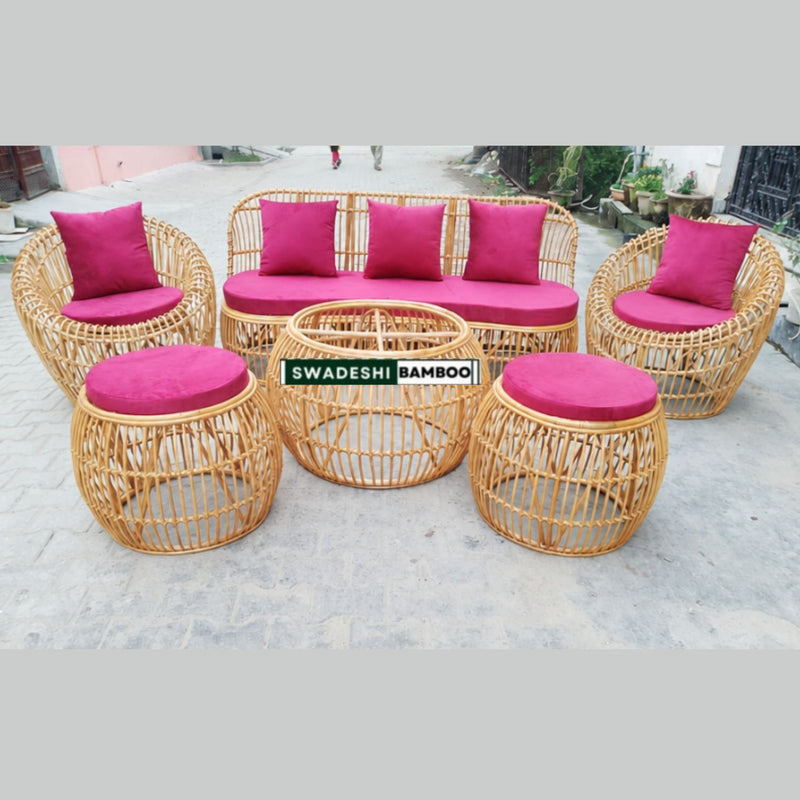Bamboo Rattan Sofa Set – Curved Sofa + 2 Round Chairs + Table + Stools