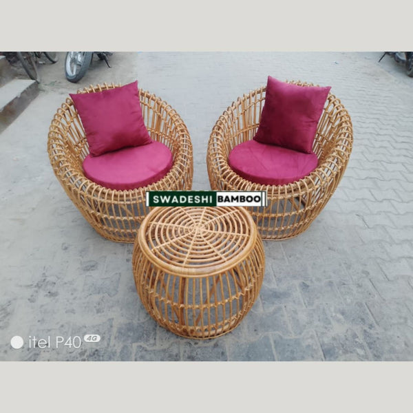 Bamboo Rattan Sofa Set – Curved Sofa + 2 Round Chairs + Table + Stools