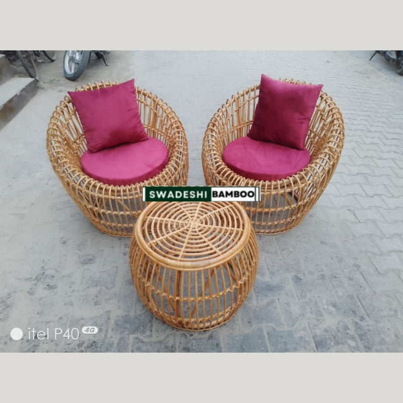 Bamboo Rattan Sofa Set – Curved Sofa + 2 Round Chairs + Table + Stools