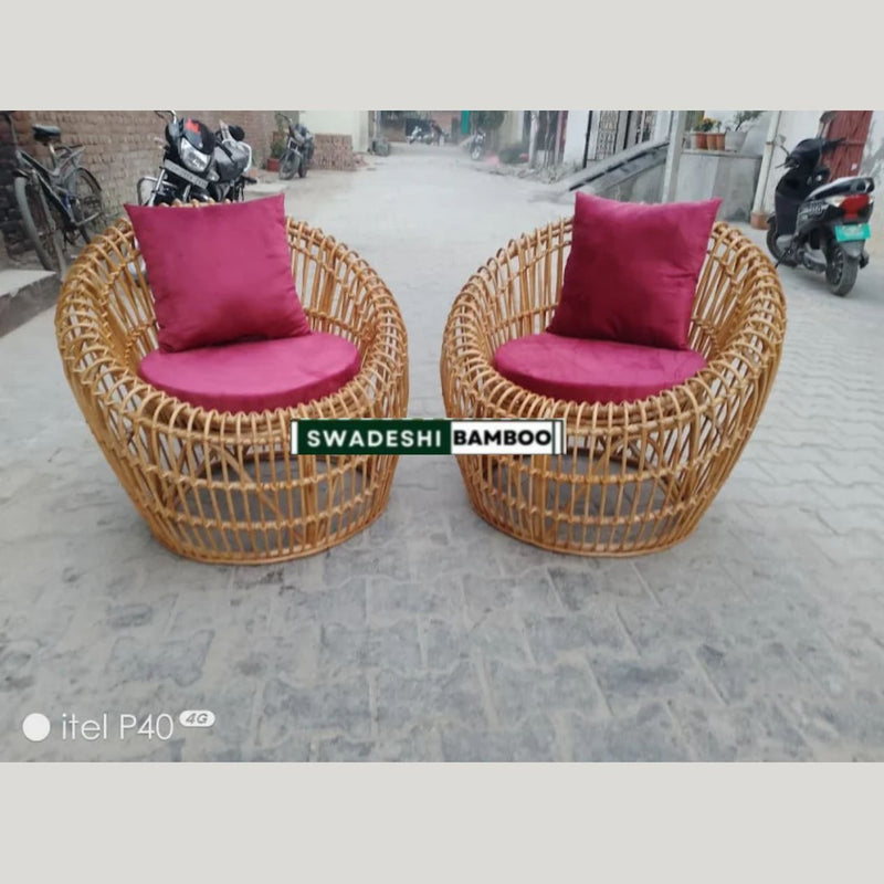 Bamboo Rattan Sofa Set – Curved Sofa + 2 Round Chairs + Table + Stools