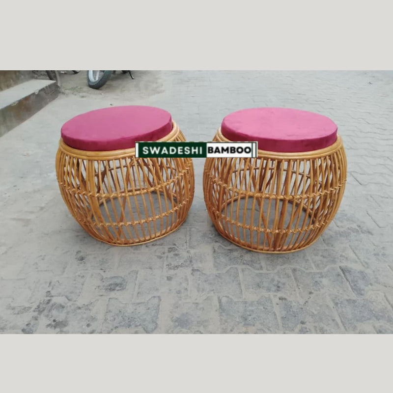 Bamboo Rattan Sofa Set – Curved Sofa + 2 Round Chairs + Table + Stools