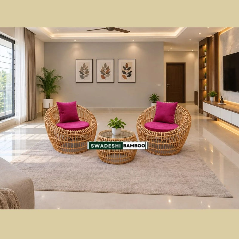 Bamboo Rattan Sofa Set – Curved Sofa + 2 Round Chairs + Table + Stools