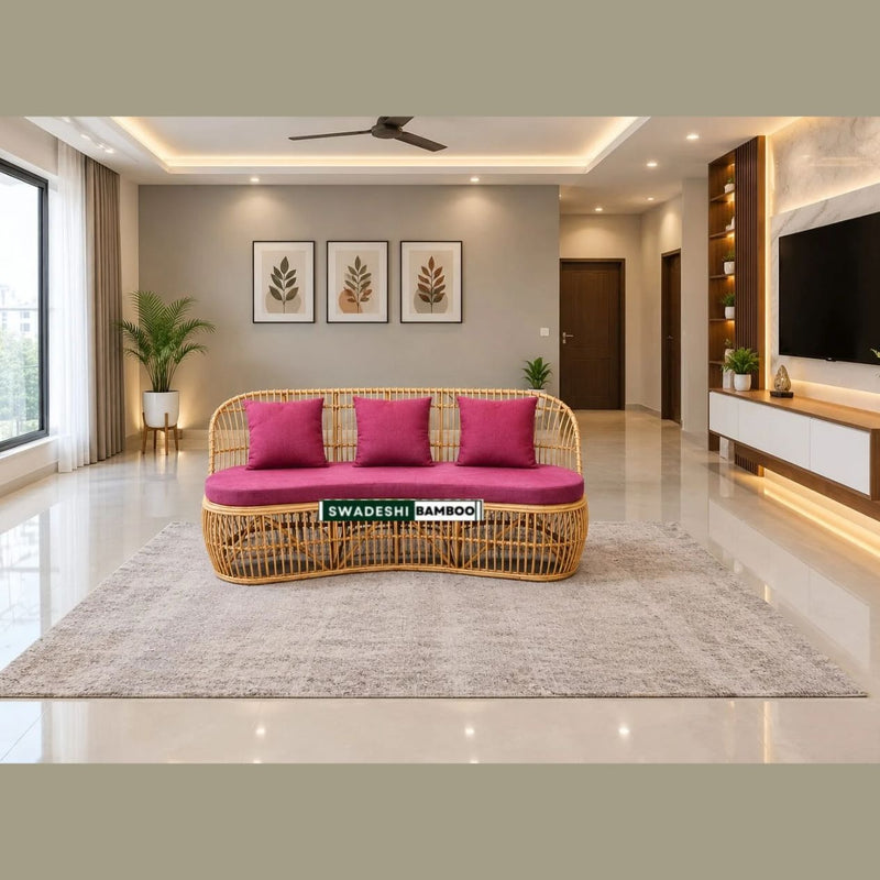 Bamboo Rattan Sofa Set – Curved Sofa + 2 Round Chairs + Table + Stools