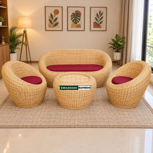 Cane Rattan Bamboo 5 Seater Bunai Apple Sofa Set For Home and Garden