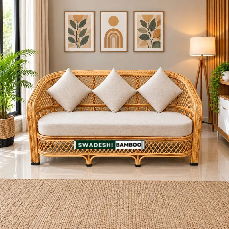 Cane Rattan Bamboo 3 Seater Couch For home, Office and Garden