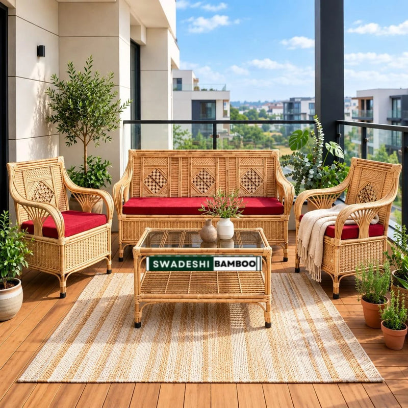 Bamboo Cane Sofa Set with Table – Perfect for Home, Office, Living Room, Balcony, Garden