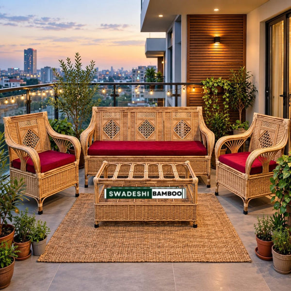 Bamboo Cane Sofa Set with Table – Perfect for Home, Office, Living Room, Balcony, Garden