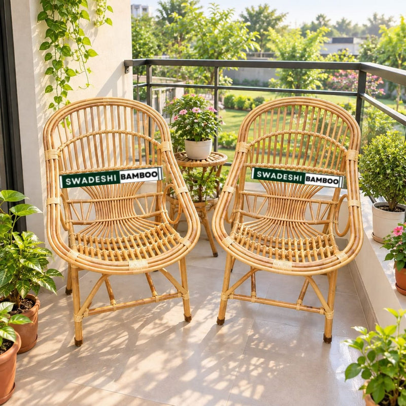 Swadeshi Bamboo Cane Rattan Arm Queen Chair (Set of 2) for Home, Office, Restaurant, Hotel, Garden & Balcony