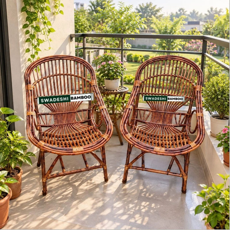 Swadeshi Bamboo Cane Rattan Arm Queen Chair (Set of 2) for Home, Office, Restaurant, Hotel, Garden & Balcony