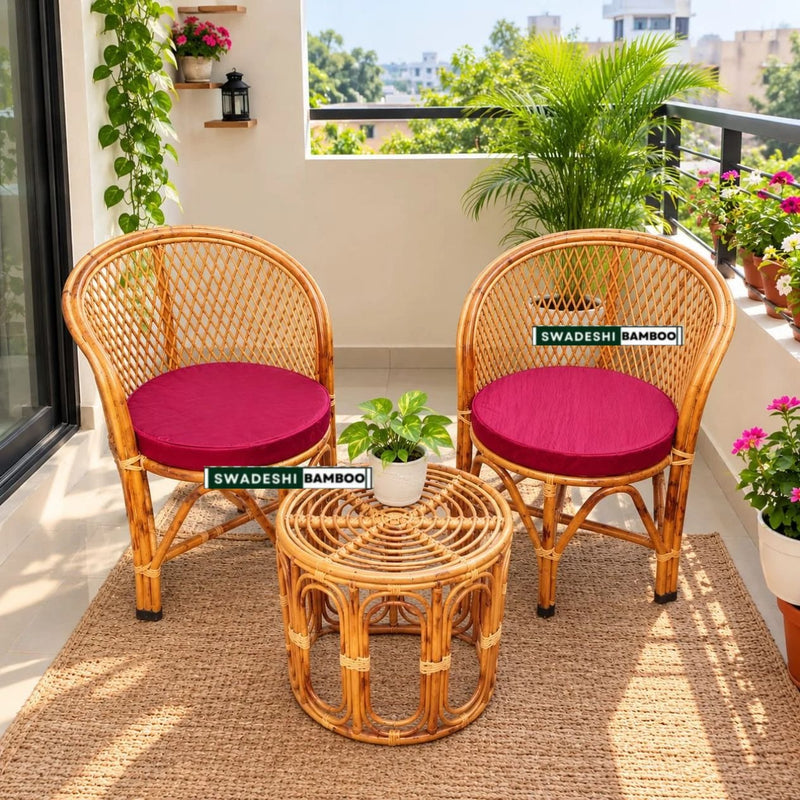 Bamboo Cane Rattan Arm Jali Chair for Home, Office (Set of 2 chair with table)