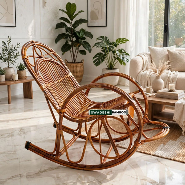 Bamboo Cane Rocking Chair, Home Recliner for All Ages, Kids and Adults with Cushion
