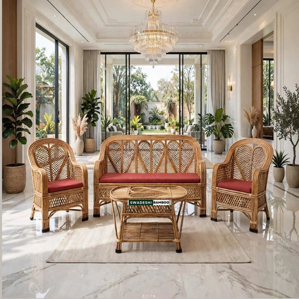 Handmade Cane Rattan Bamboo 5 Seater Designer Sofa Set with table For Home, Office and Garden