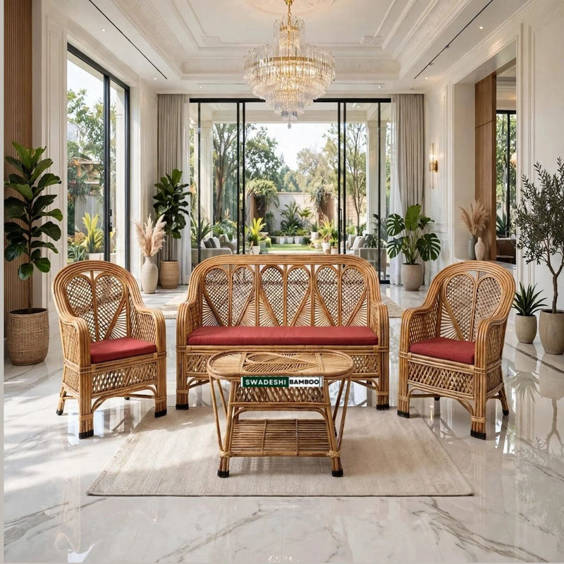 Handmade Cane Rattan Bamboo 5 Seater Designer Sofa Set with table For Home, Office and Garden
