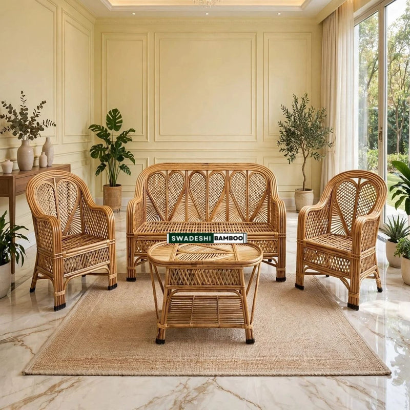 Handmade Cane Rattan Bamboo 5 Seater Designer Sofa Set with table For Home, Office and Garden
