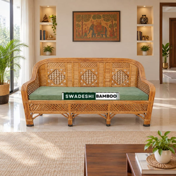 Cane Rattan Bamboo 3 Seater Designer Wooden Sofa Set For Home, Office and Garden