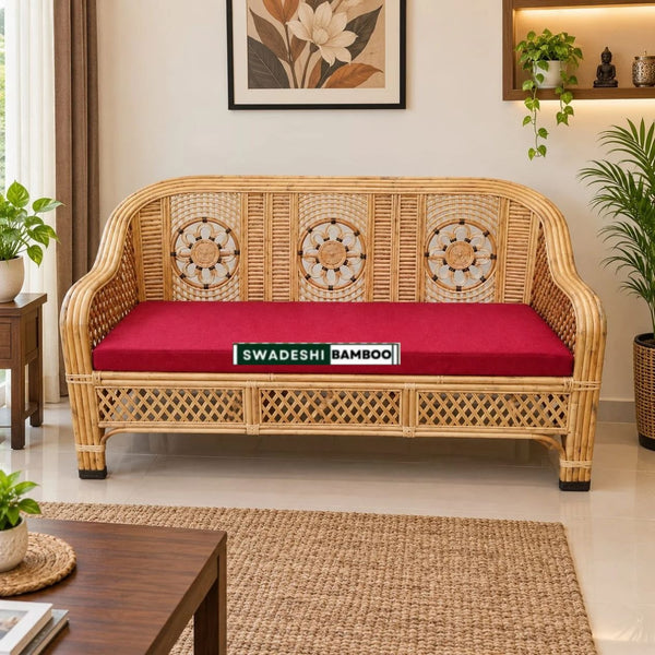 3 Seater Cane Sofa Cum Couch with Cushions