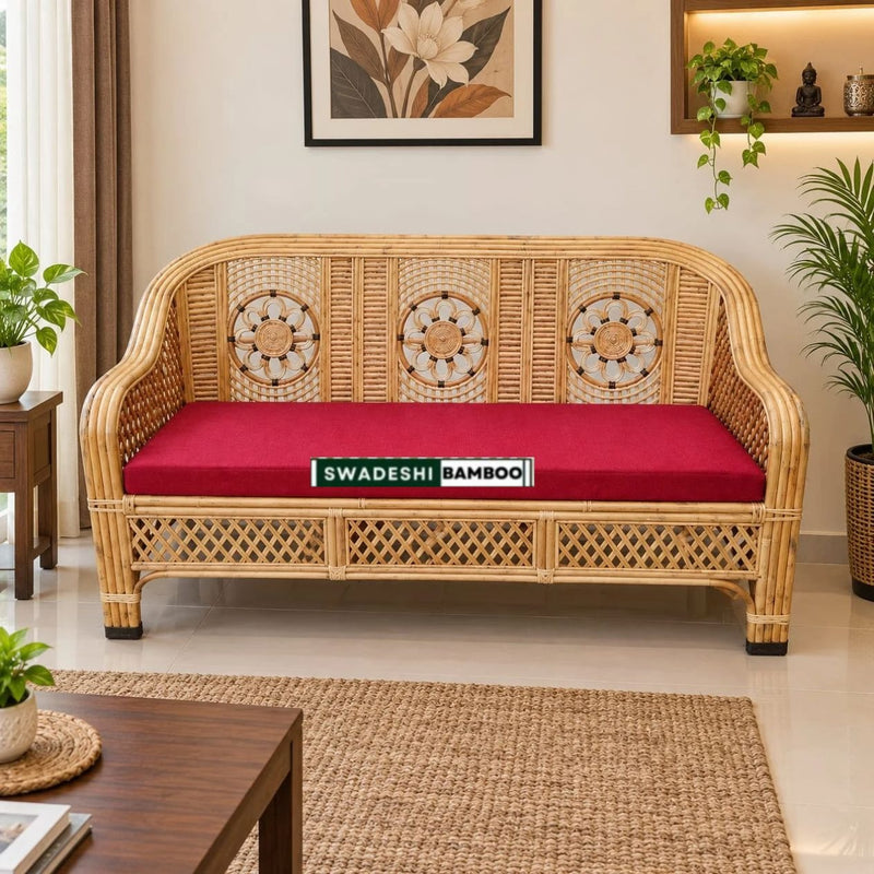 3 Seater Cane Sofa Cum Couch with Cushions