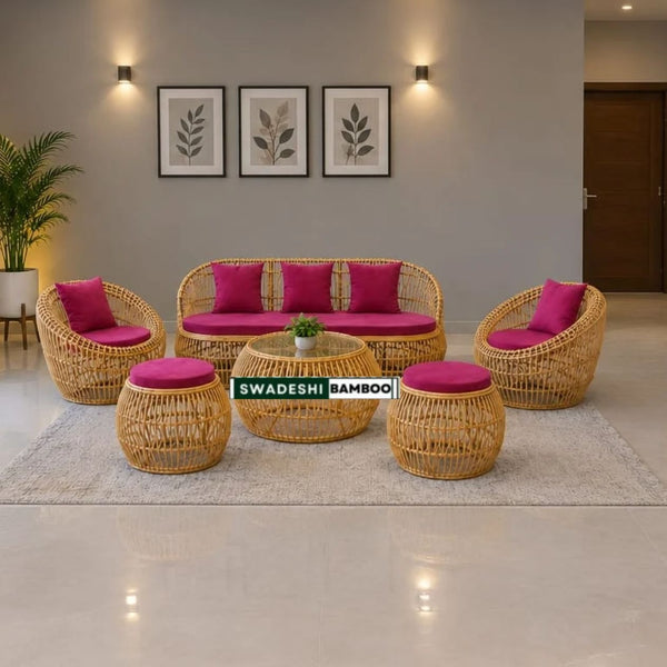 Bamboo Rattan Sofa Set – Curved Sofa + 2 Round Chairs + Table + Stools