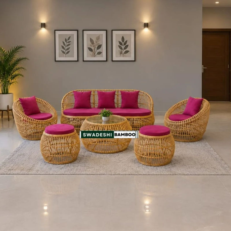 Bamboo Rattan Sofa Set – Curved Sofa + 2 Round Chairs + Table + Stools