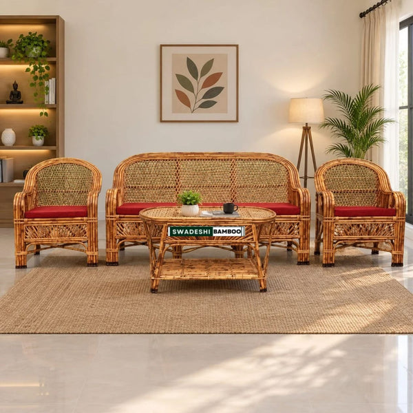 Cane Rattan Bamboo 5 Seater Designer Sofa Set with table For Home, Office and Garden