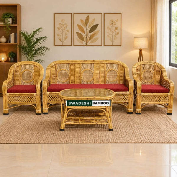 5 Seater Bamboo Cane Sofa Set with Table For Home, Office and Garden