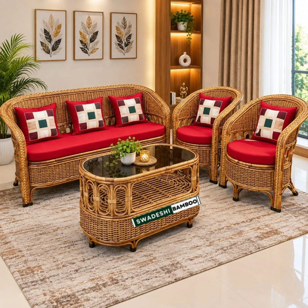 Bamboo Sofa Set with Table for Home, Living Room, Office, Garden, Resort with Cushion (commando bunai)