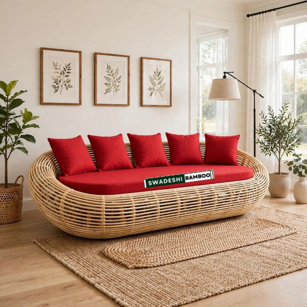 Bamboo Cane 3 Seater Sofa Set with Cushion and Sitting stool