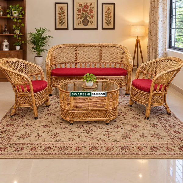 Cane Sofa Set with Table (3 Sitter + 2 No. Single Chair + 1 Center Table)
