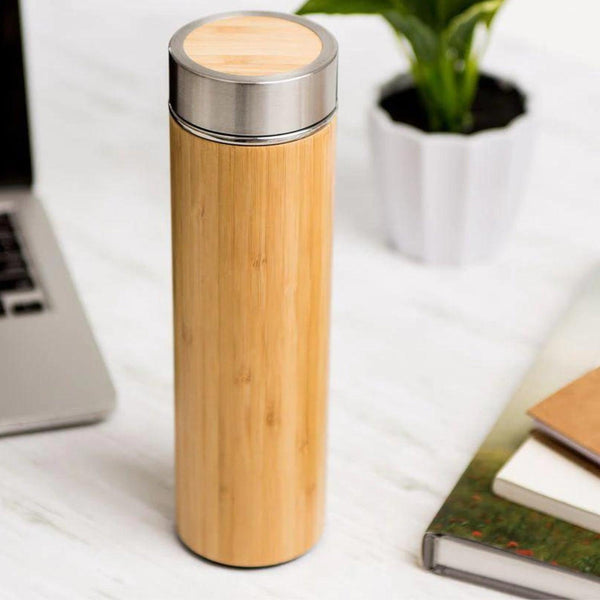 Bamboo Water Bottle | Thermos Bamboo Flask with Strainer for Tea Infusion | Hot & Cold | Unique & Stylish Bottle for Office Gym Travel-450ml | - swadeshibamboo