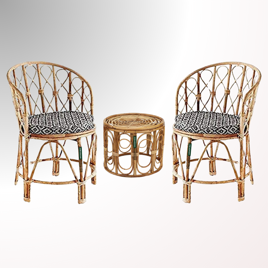 Swadeshi Bamboo Cane Rattan Arm Backmuda Chair for Home, Office, Restaurant, Hotel, Garden & Balcony (Set of 2 chair with table)