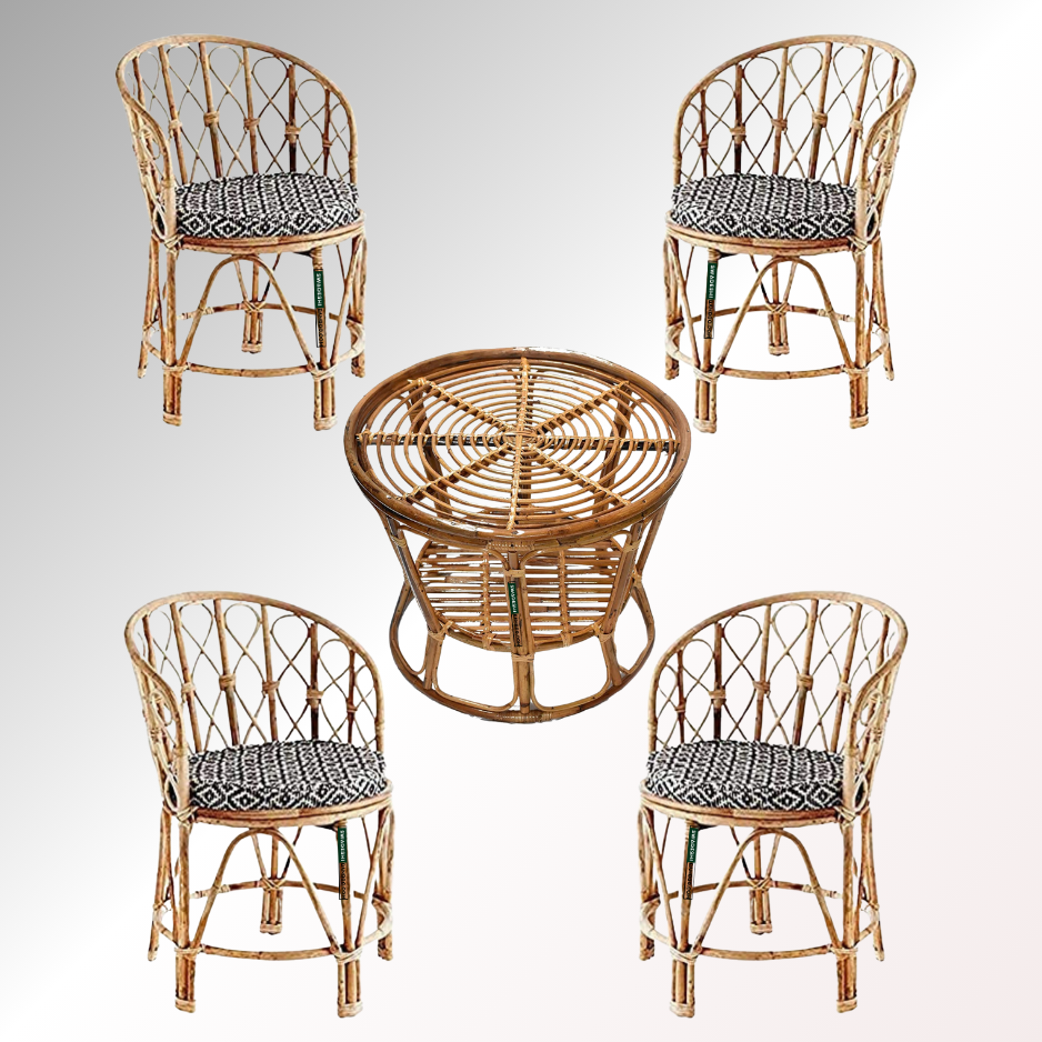 Swadeshi Bamboo Cane Rattan Arm Backmuda Chair for Home, Office, Restaurant, Hotel, Garden & Balcony (Set of 4 chair with table)