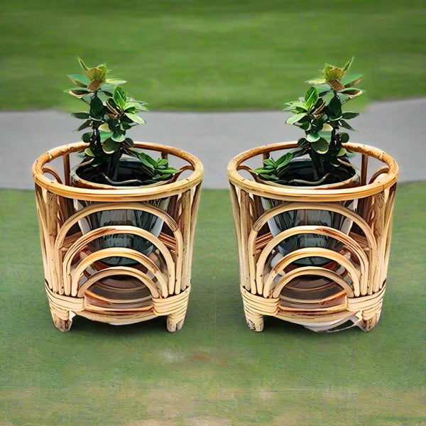 Cane Bamboo Planter (Set of 2) Stand for Garden, Balcony Home and Office | Size- 10W*12H Inch - swadeshibamboo